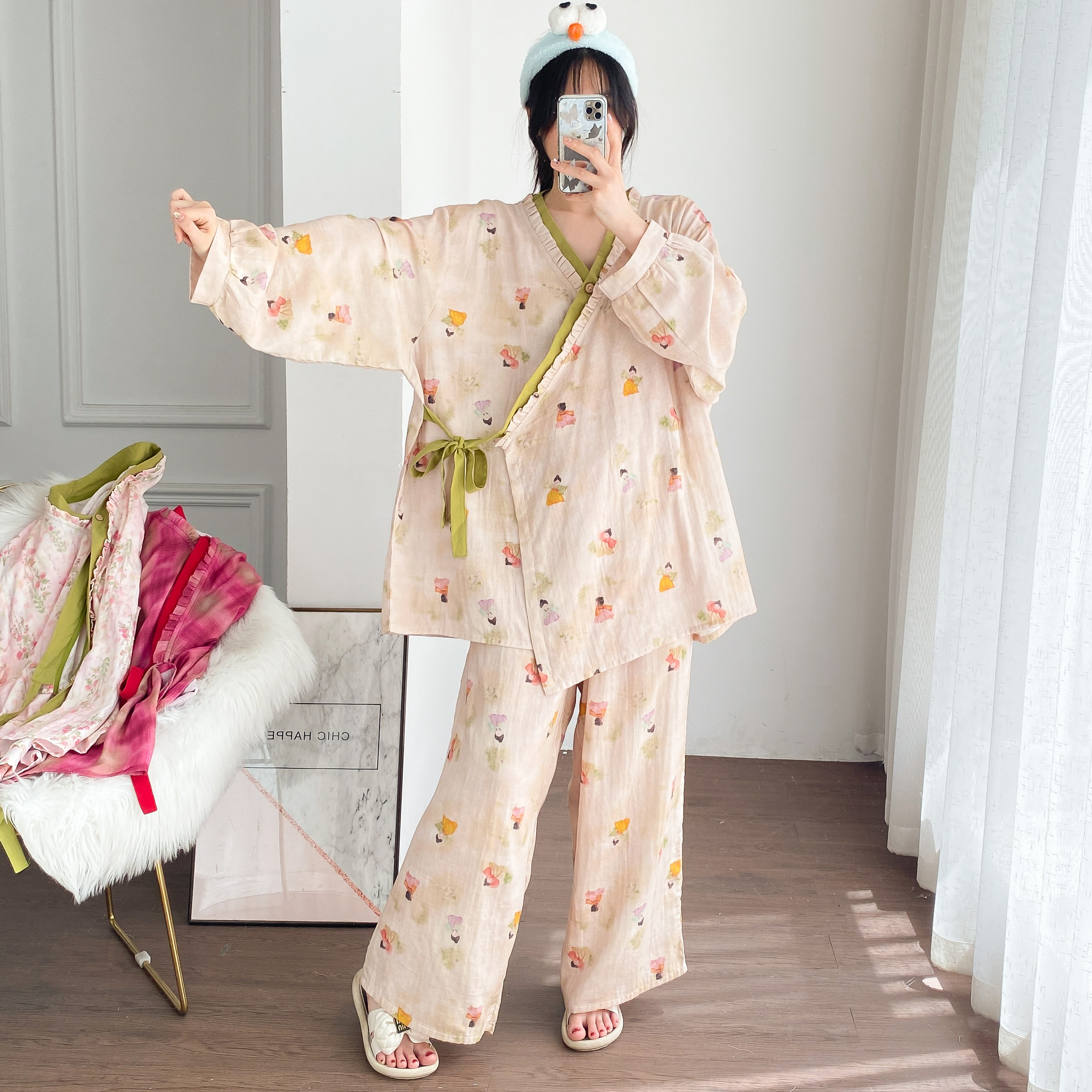 加大码纯棉双层纱汉服睡衣开衫宽松孕产妇胖MM长袖长裤哺乳家居服
