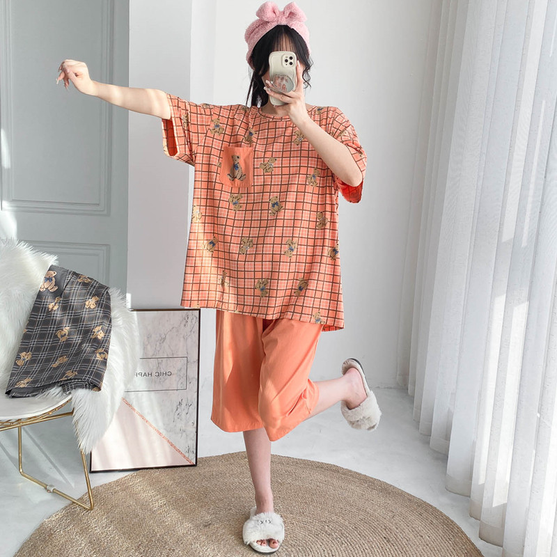 男女纯棉格子七分裤家居服睡衣