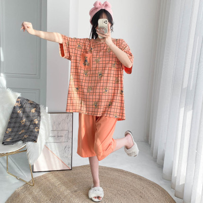 男女纯棉格子七分裤家居服睡衣