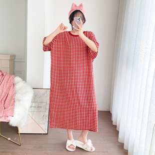 睡裙夏季 绵绸短袖 宽松人造棉胖mm200斤家居服 薄款 加长圆领加大码