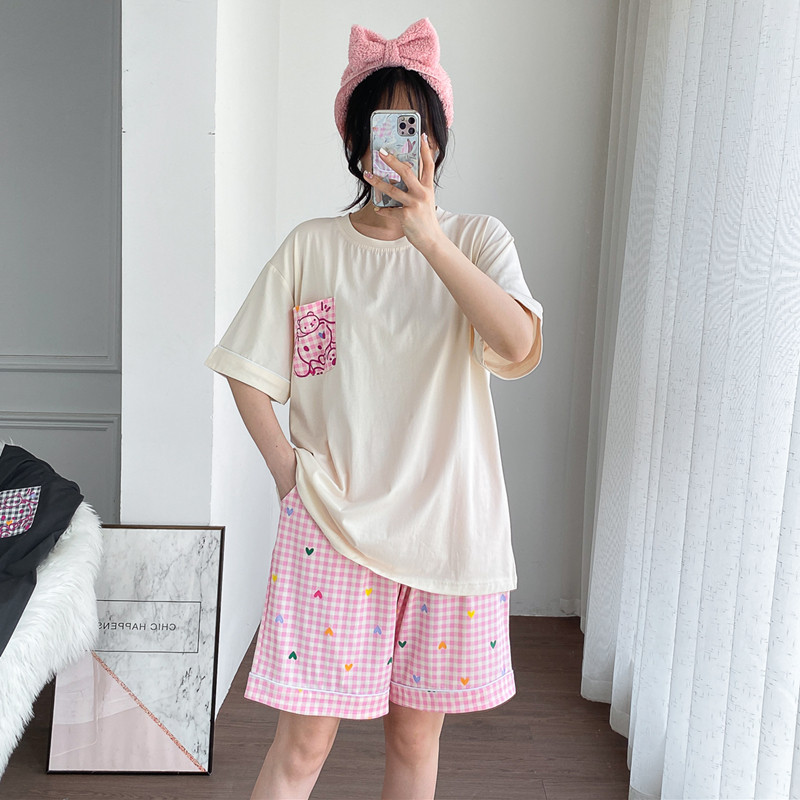 夏季格子加大码纯棉睡衣女