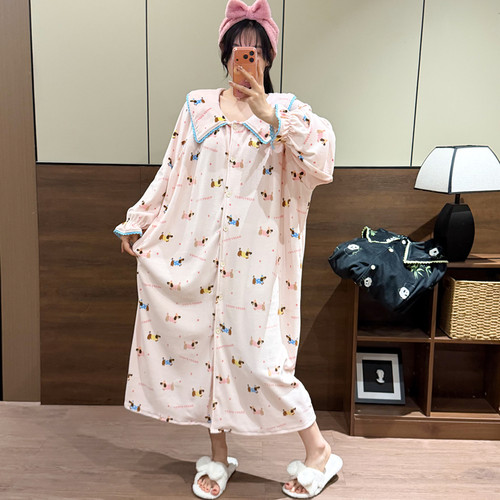 开衫大翻领海岛绒加长睡裙冬季