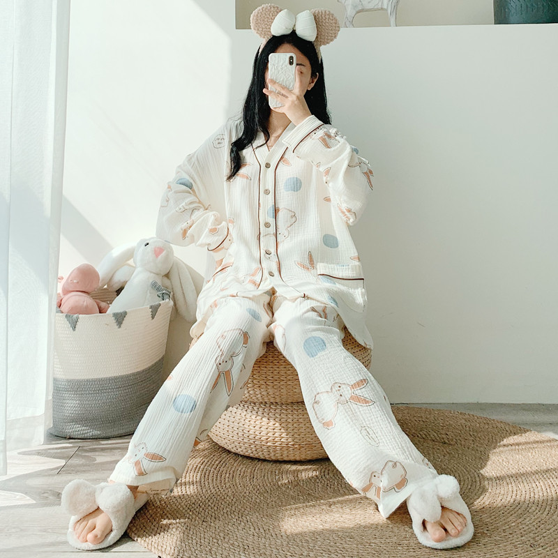 V领兔子开衫纯棉双层纱布睡衣女长袖裤加大码宽松胖MM200斤家居服,女士内衣/男士内衣/家居服,睡衣/家居服套装,淘宝优惠券,粉丝福利购,淘宝优惠卷