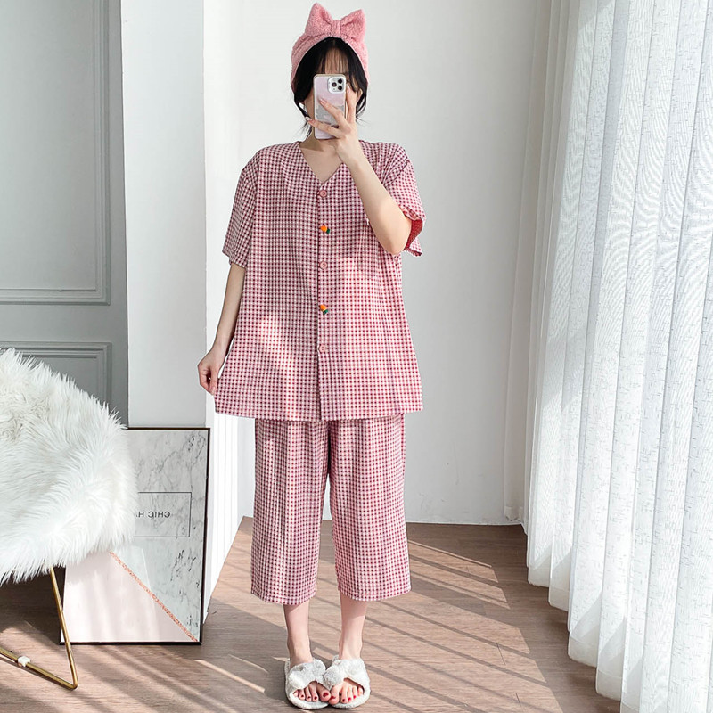 棉格子开衫短袖七分裤家居服睡衣