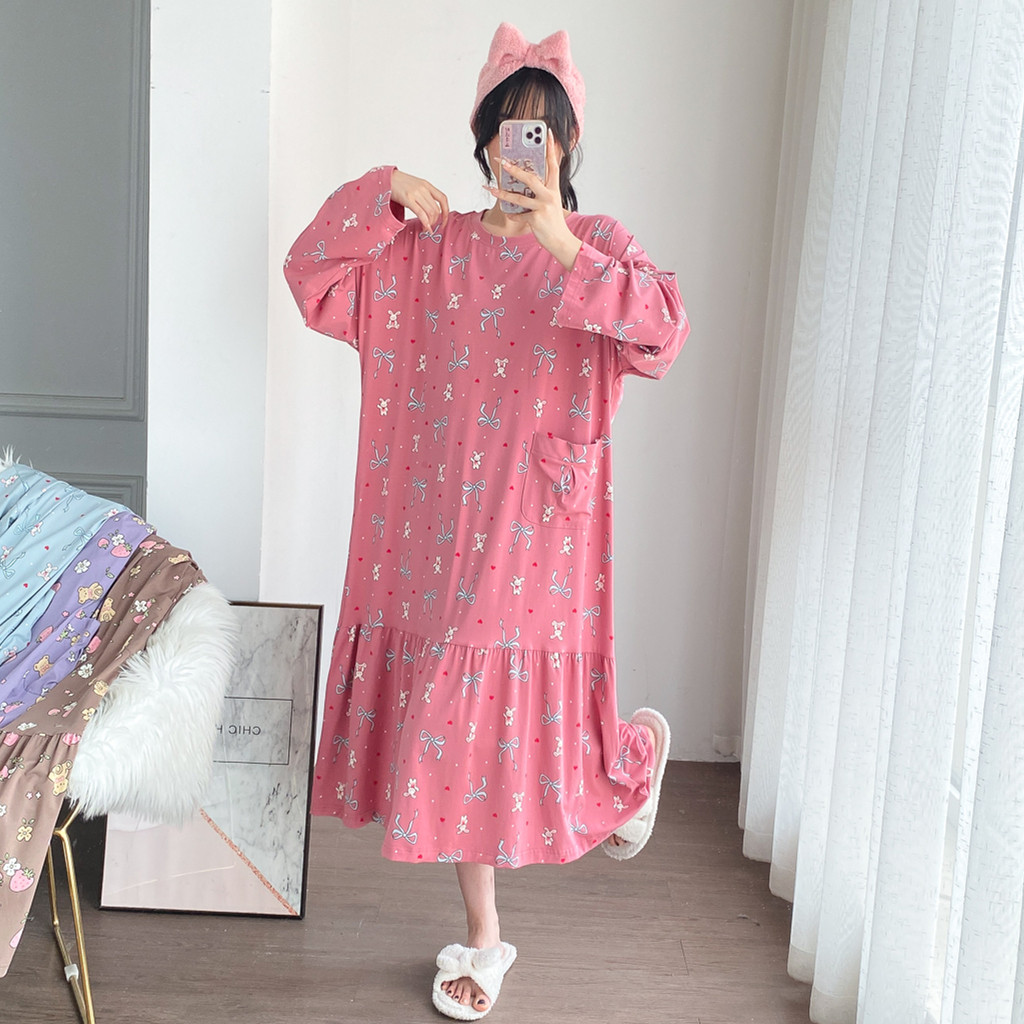 卡通针织棉长袖大码孕妇睡裙