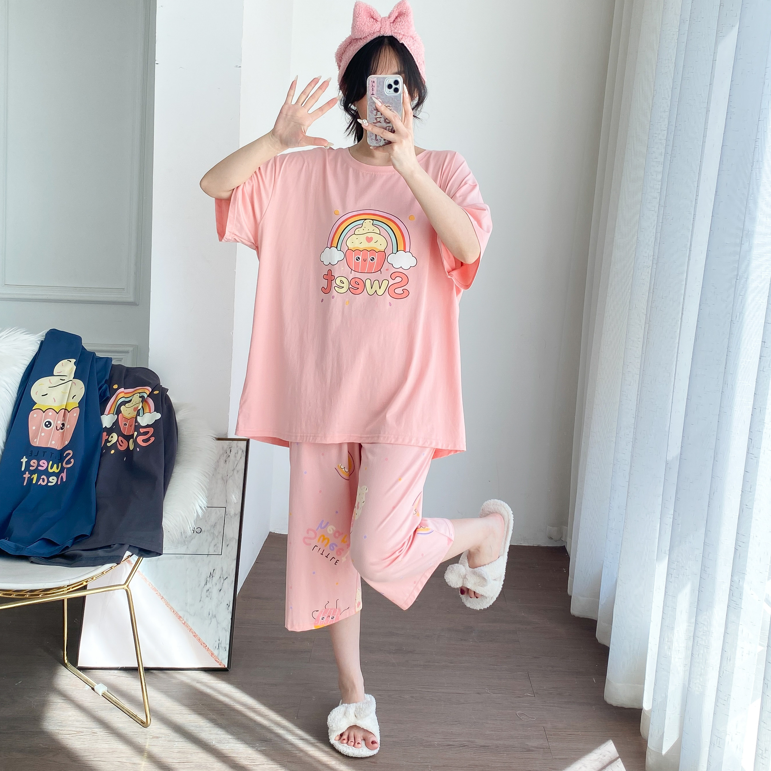 短袖七分裤纯棉睡衣女加大码两件套宽松孕妇胖MM200斤夏季家居服