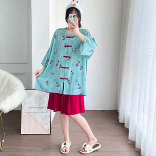 大码开衫仕女图国风棉绸睡衣中袖短裤宽松胖mm200斤新中式家居服