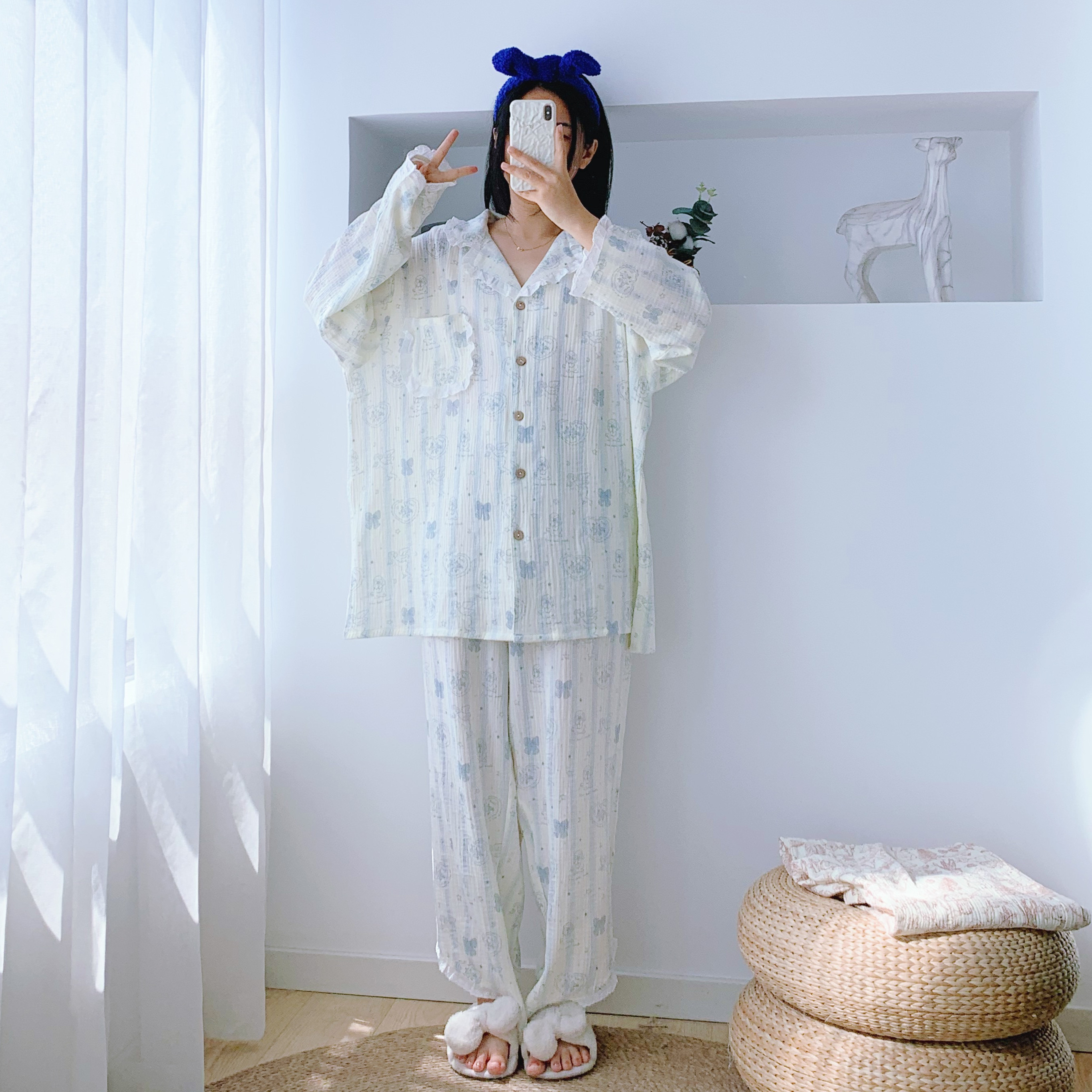纯棉双层纱布加大码女睡衣套装