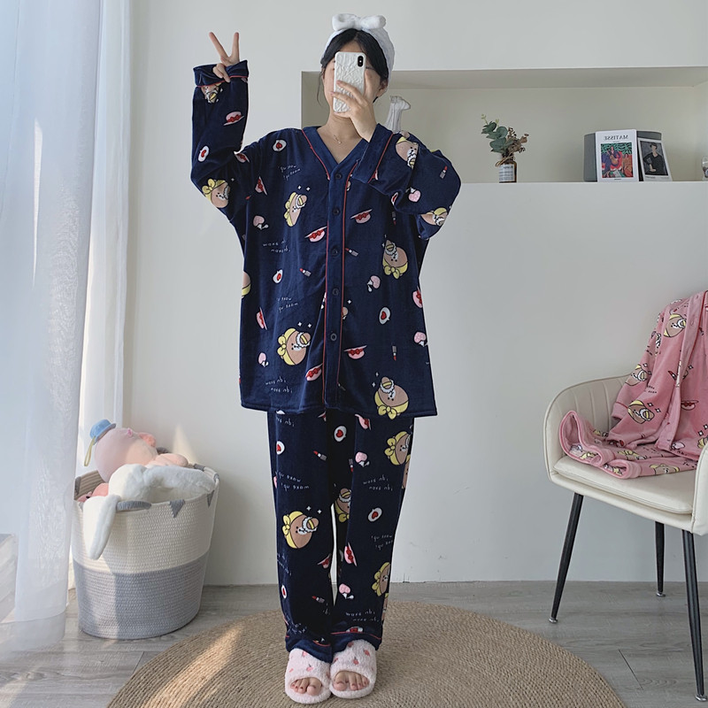 开衫珊瑚绒睡衣女秋冬保暖两件套加大码V领胖mm200斤天鹅绒家居服