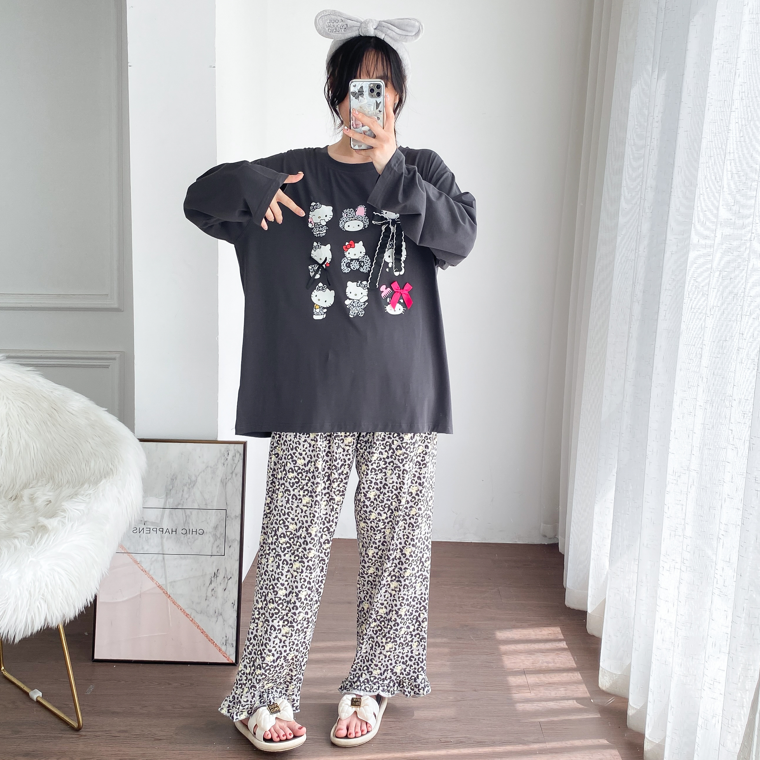 豹纹加肥大码卡通针织棉睡衣女
