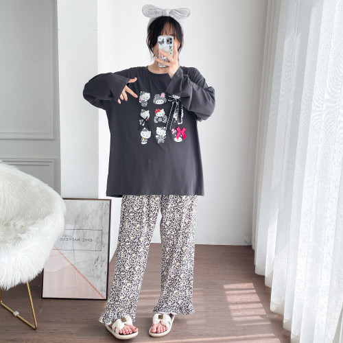 豹纹加肥大码卡通针织棉睡衣女