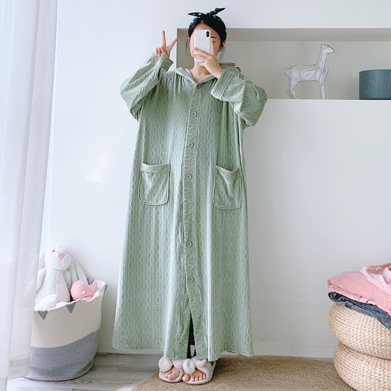 连帽提花海岛绒加长开扣睡裙冬季加大码超长孕妇胖mm200斤绒睡袍