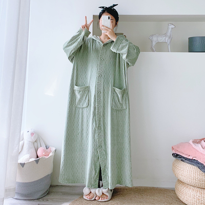 海岛绒加绒秋冬连帽提花睡袍