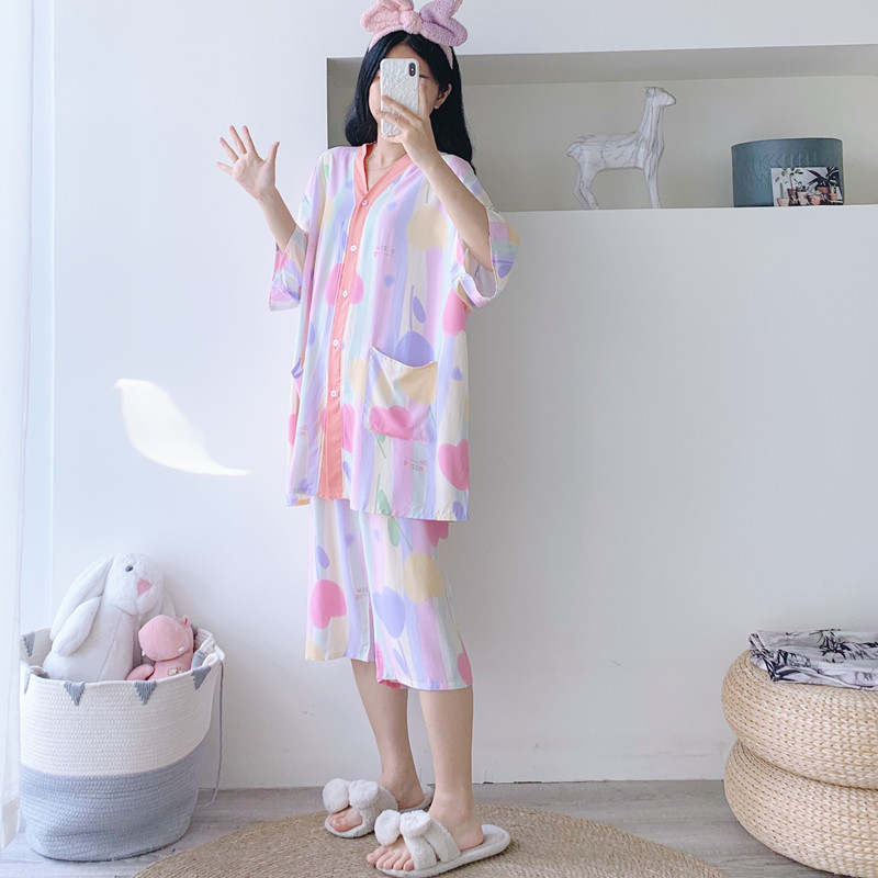 短袖七分裤绵绸加大码V领睡衣女夏天开衫薄款宽松胖MM200斤家居服