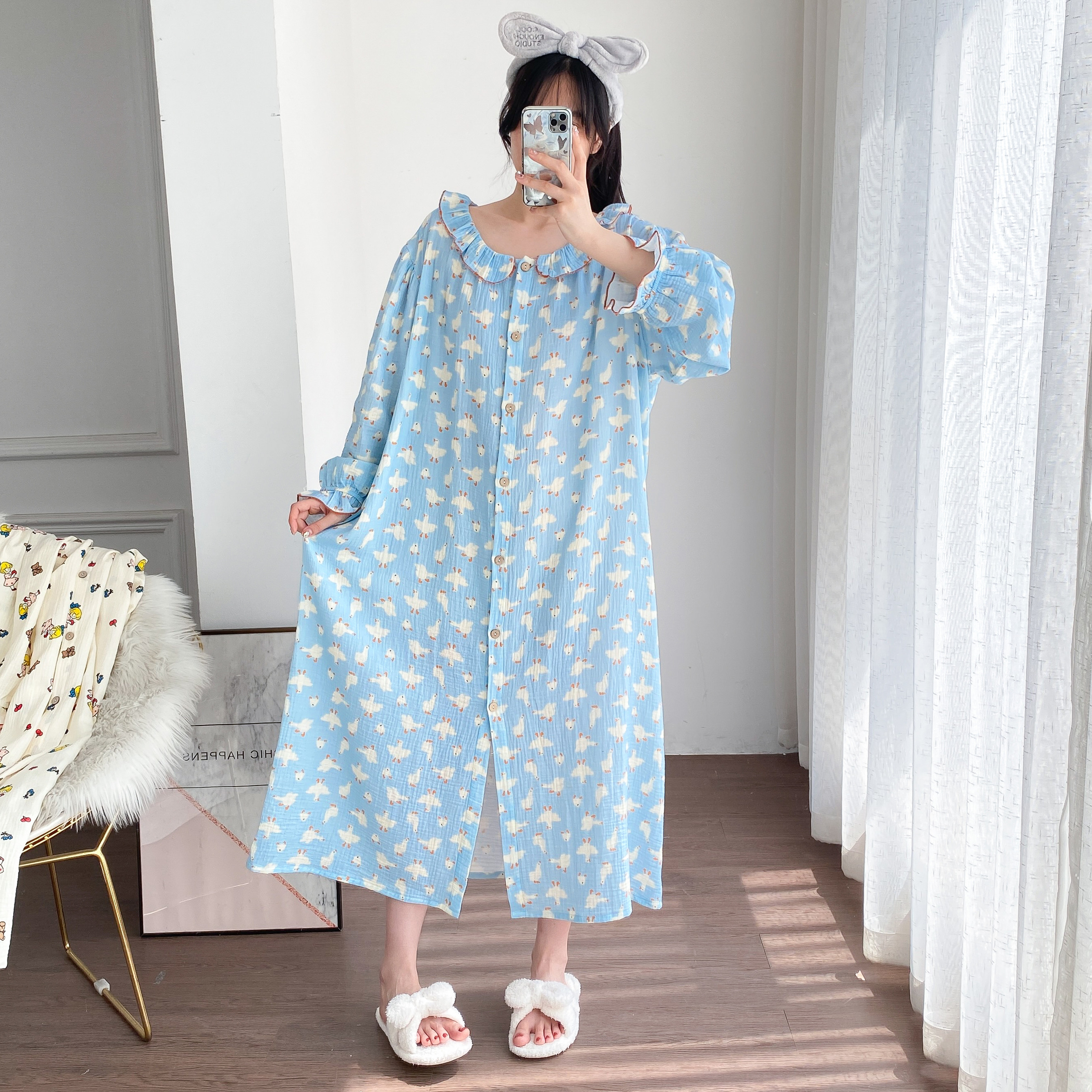 加大码纯棉双层纱开衫睡裙开衫睡袍宽松孕产妇胖MM长袖哺乳家居服