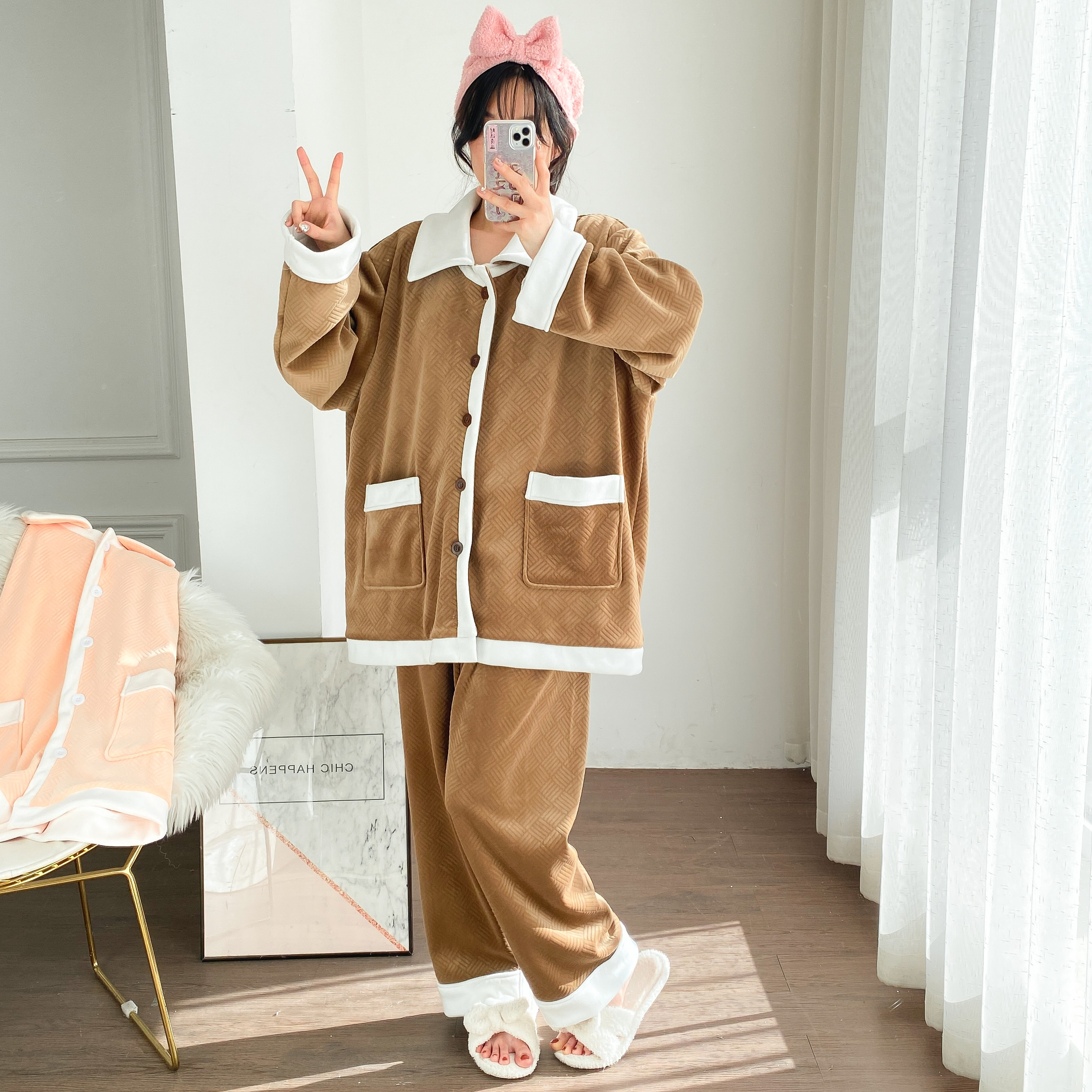 男女复合加厚双层加绒大码开衫睡衣法兰绒冬季保暖胖mm情侣家居服