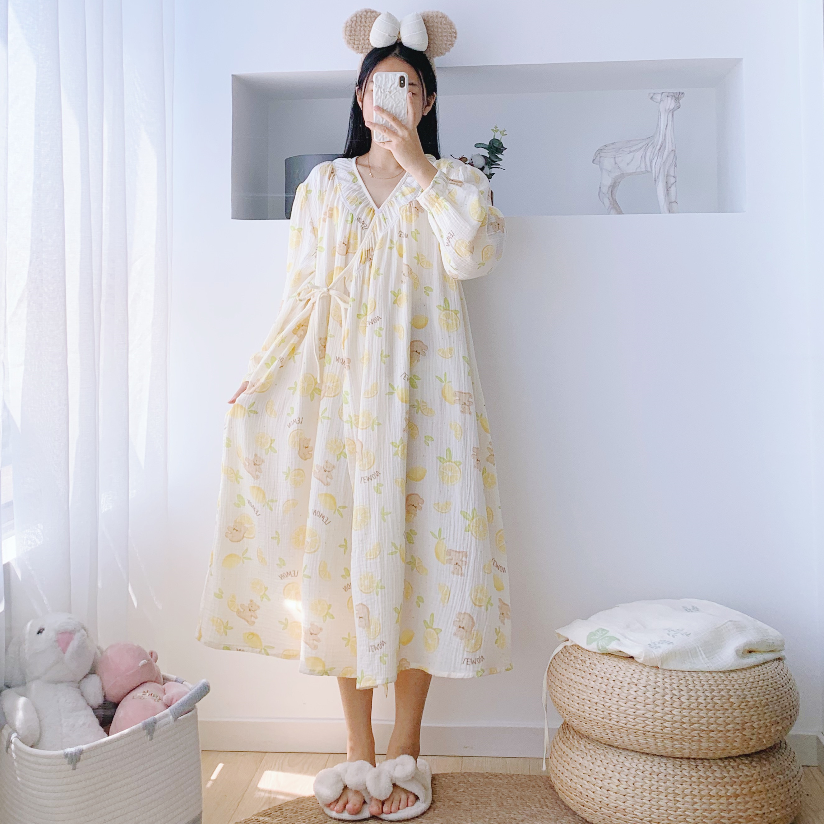 加大码纯棉双层纱汉服睡裙开衫睡袍宽松孕产妇胖MM长袖哺乳家居服