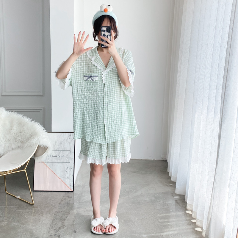 女爽滑棉格子花边家居服