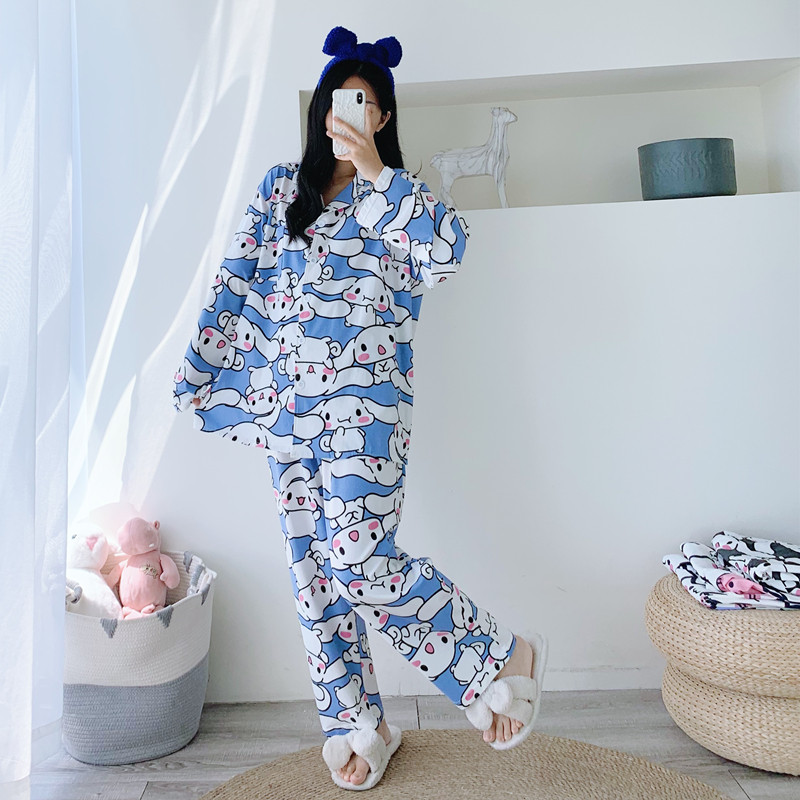 卡通开衫加大码针织棉长袖长裤睡衣女宽松两件套胖MM200斤家居服