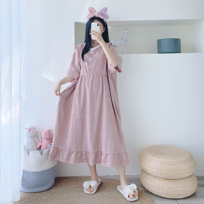 纯棉纱布夏季简约花边睡裙