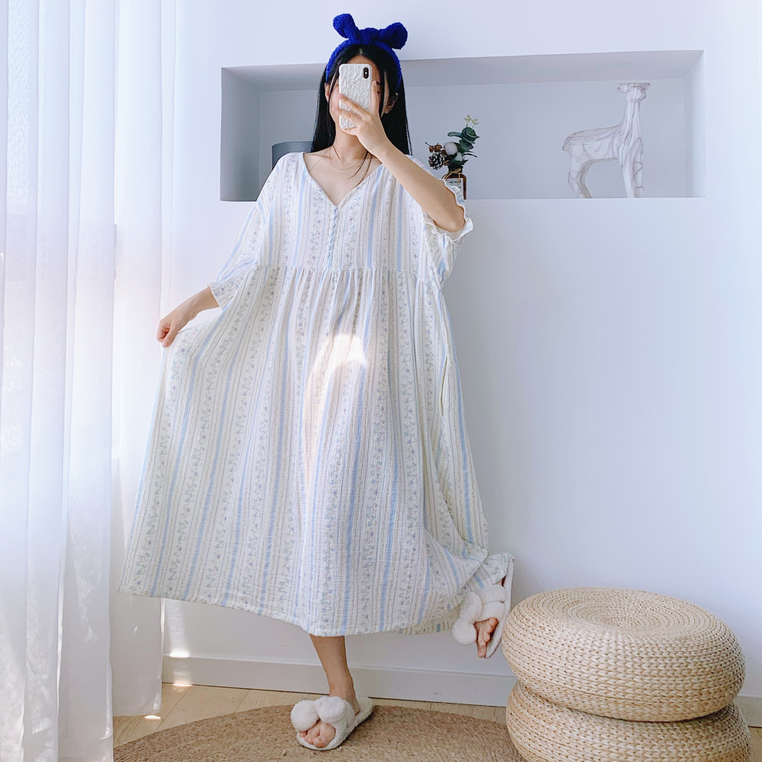 纯棉纱布V领短袖孕妇睡裙200斤