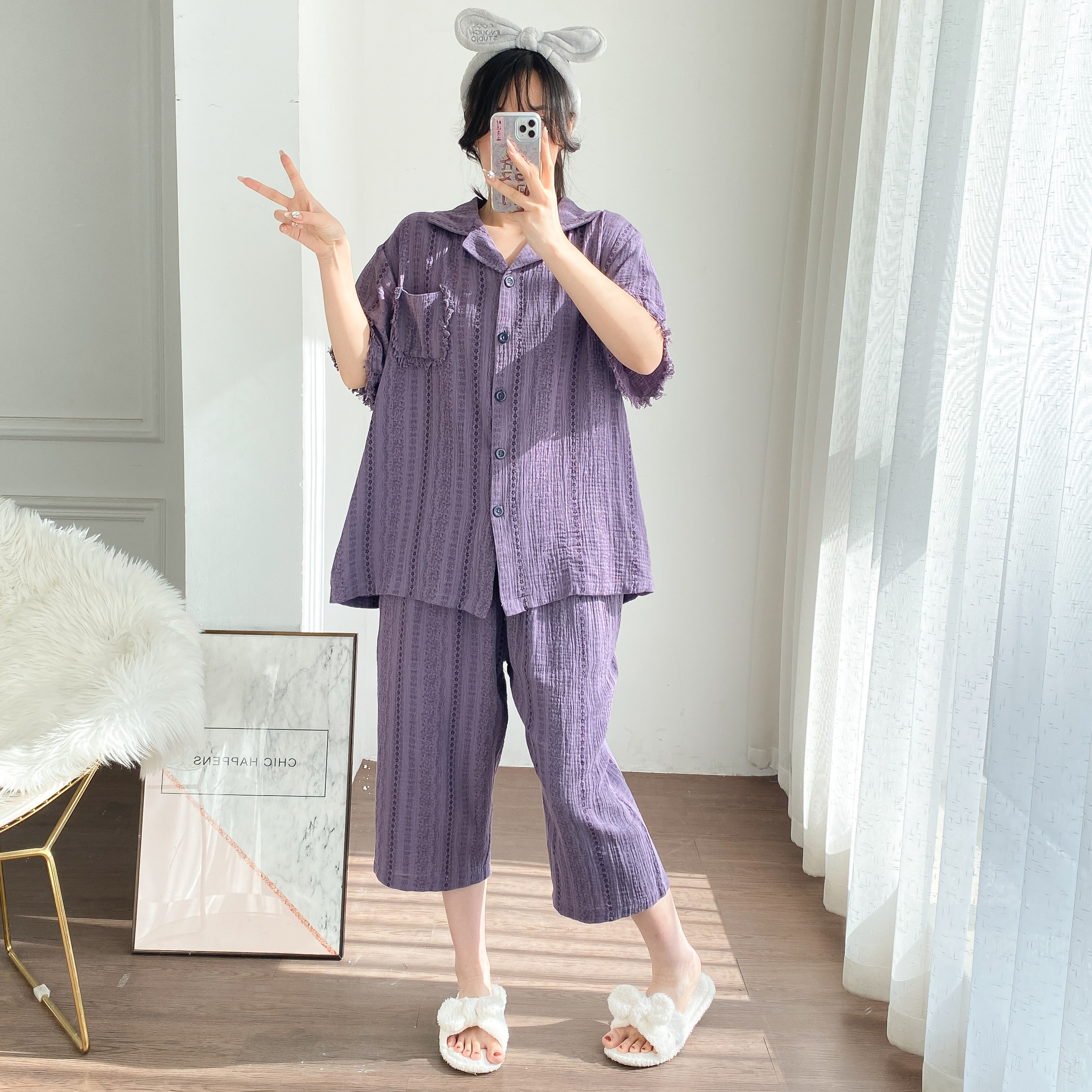 开衫纯棉花边纱布睡衣女加大码短袖七分裤两件套胖MM200斤家居服