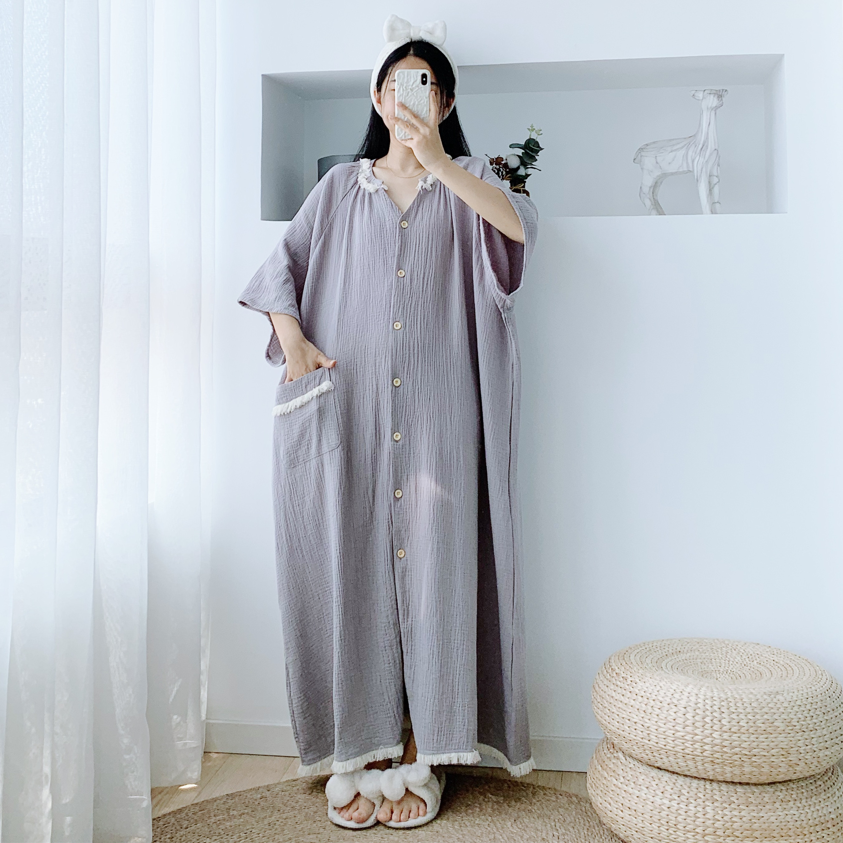 开衫纯棉双层纱长袖孕妇大码睡裙