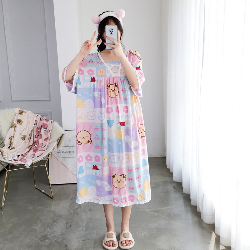 绵绸人造棉夏季卡通花边睡裙