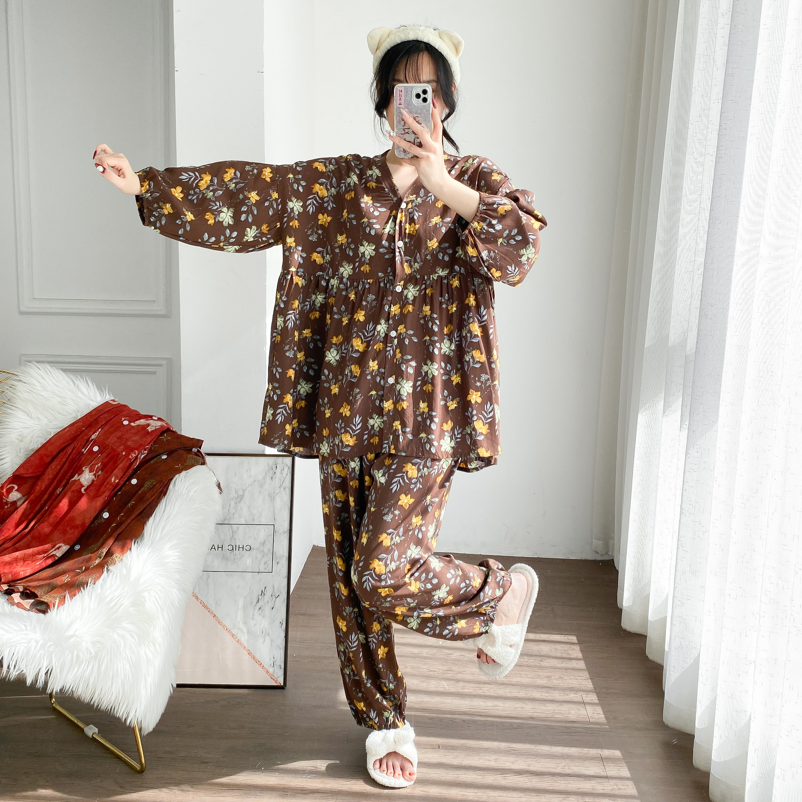 绵绸V领蝙蝠款大码女睡衣套装