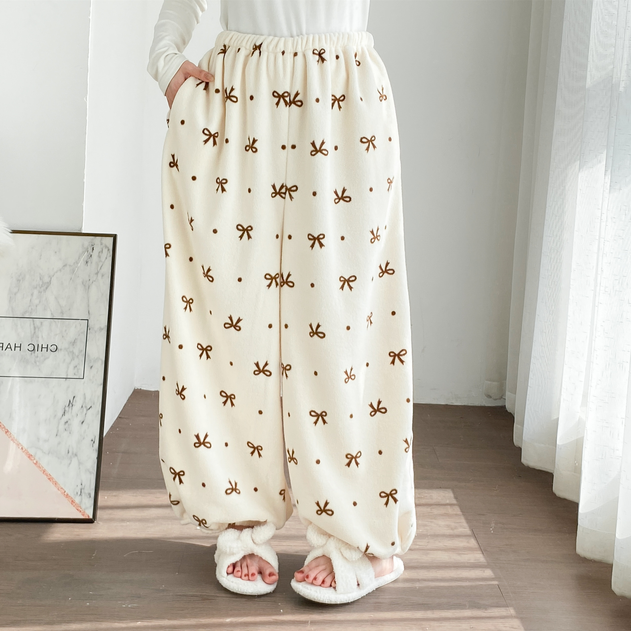 碎花糯米绒灯笼睡裤秋冬加厚大码简约胖MM宽松休闲绒百搭家居长裤