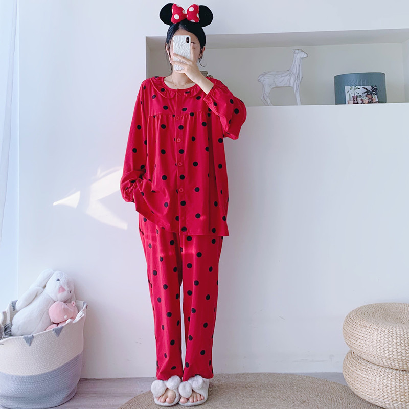 女针织棉波点娃娃领家居服睡衣