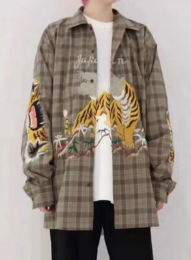 DOUBLET 日系复古水洗老虎刺绣男女款格纹宽松休闲衬衫外套
