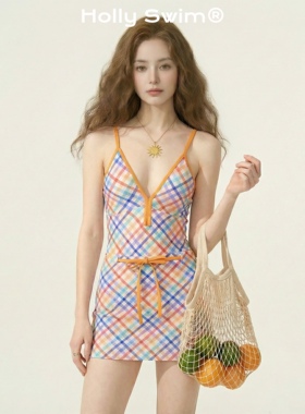HollySwim明星同款连体泳衣遮肚子显瘦格子印花裙式两件套泳装女
