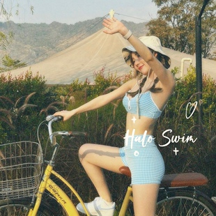 HollySwim甜心少女小香風藍白格分體高腰比基尼海邊平角泳衣度假