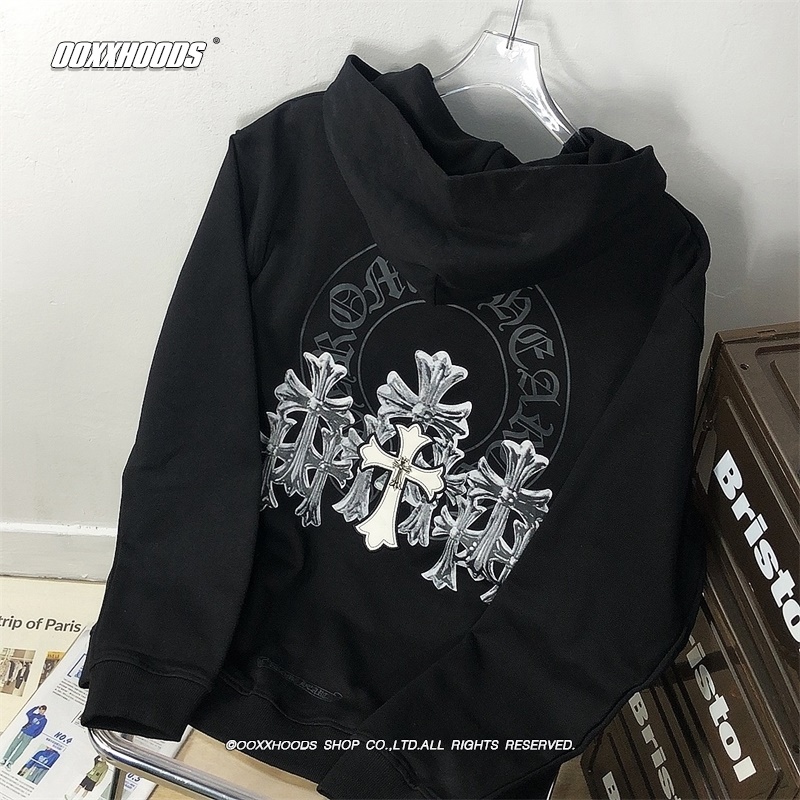 隐藏式贴皮金属十字架潮印花马蹄秋冬新款潮个性街头薄连帽衫卫衣
