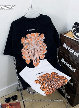 橙色刺绣大宝剑立体绣花质感潮十字架个性街头潮牌纯棉短袖T恤衫