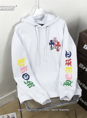 起飞秋冬首波彩色十字架串花臂印花连帽衫潮个性街头薄款套头卫衣