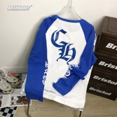 秋冬新款 街头欧美潮T恤 长tee个性 打底衫 字母十字架撞色插肩牛角袖