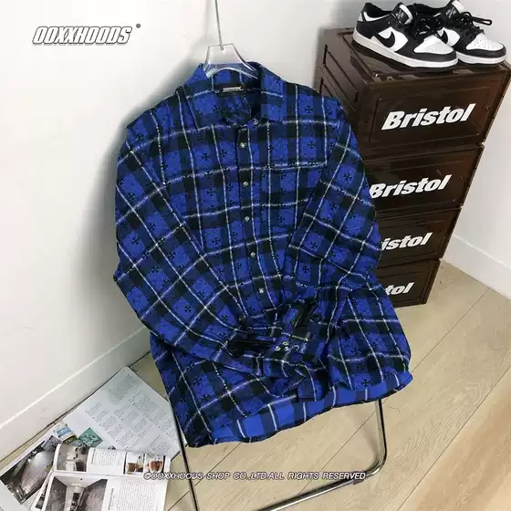 Xiaohongshu Internet Sensation Spring and Autumn Printed Dart Cross Plaid Pattern Leather-Look Casual Fashion Trendy Long-Sleeve Shirt