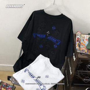 多重工艺金属扣十字架马蹄飘带刺绣水洗破洞宽松短袖T恤暗黑男女
