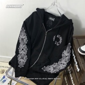 精雕细琢金属拉链连帽衫 卫衣花臂马蹄哥特字十字架潮棉薄男女外套