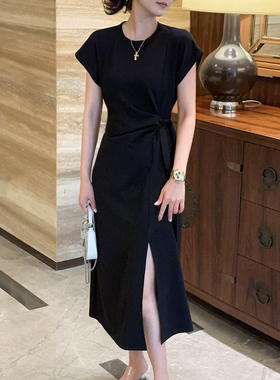 小个子法式开叉连衣裙子女夏季2025新款黑色修身梨形身材收腰长裙