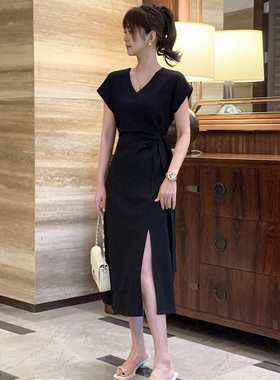 小个子法式开叉连衣裙子女夏季2025新款高端精致梨形身材收腰长裙