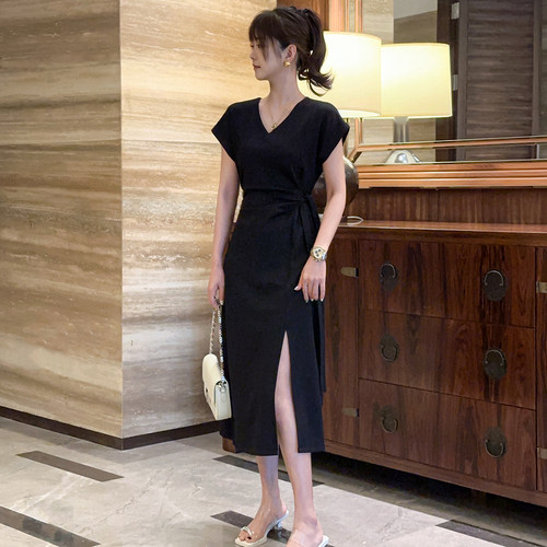 小个子法式开叉连衣裙子女夏季2026新款高端精致梨形身材收腰长裙