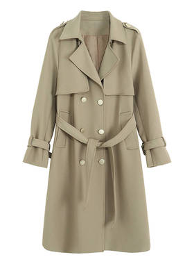 卡其色气质风衣女秋季新款英伦风西装领双排扣收腰显瘦中长款外套