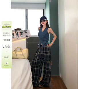 李婉君 设计感减龄宽松阔腿格纹休闲裤 女百搭拖地长裤 复古格调