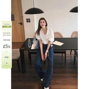 女100棉丹宁阔腿直筒工装 李婉君jennie同款 工装 裤 牛仔宽松长裤