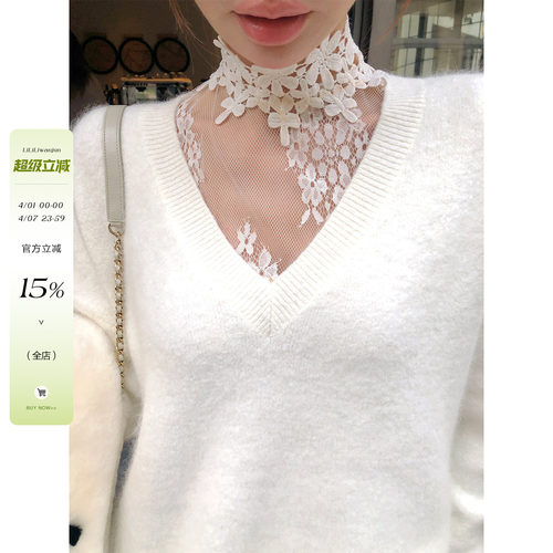 不扎肤半高领绣花打底网纱上衣