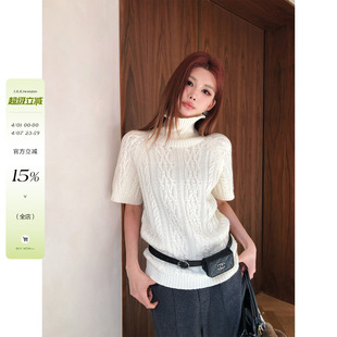 毛衣女士早春宽松日常高领上衣 李婉君高智感羊毛混纺麻花针织短袖