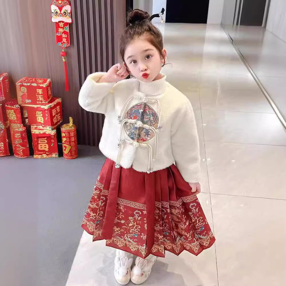 女童马面裙汉服春秋冬款唐装中国风女中童宝宝加厚保暖拜年服套装
